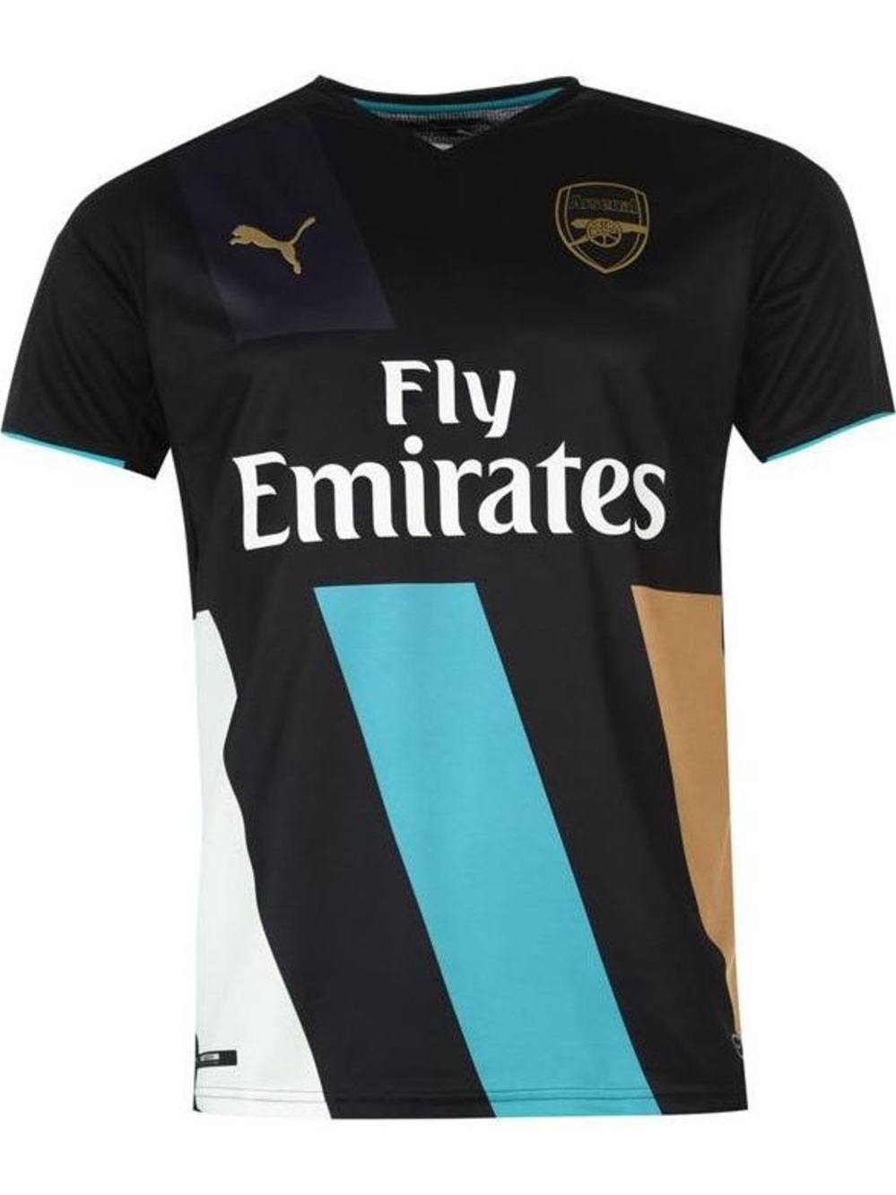 Puma Arsenal Black Football Jersey with Teal, Gold & White Accents